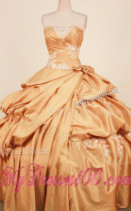 Gold Strapless Appliques Beaded Ruching Flowers Sweet 15 Dresses